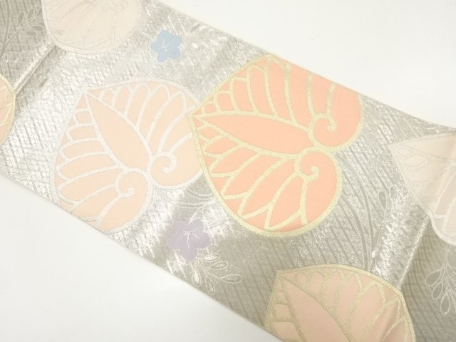 JAPANESE KIMONO / ANTIQUE FUKURO OBI / SILK / PLATINUM FOIL / WOVEN HOLLYHOCK